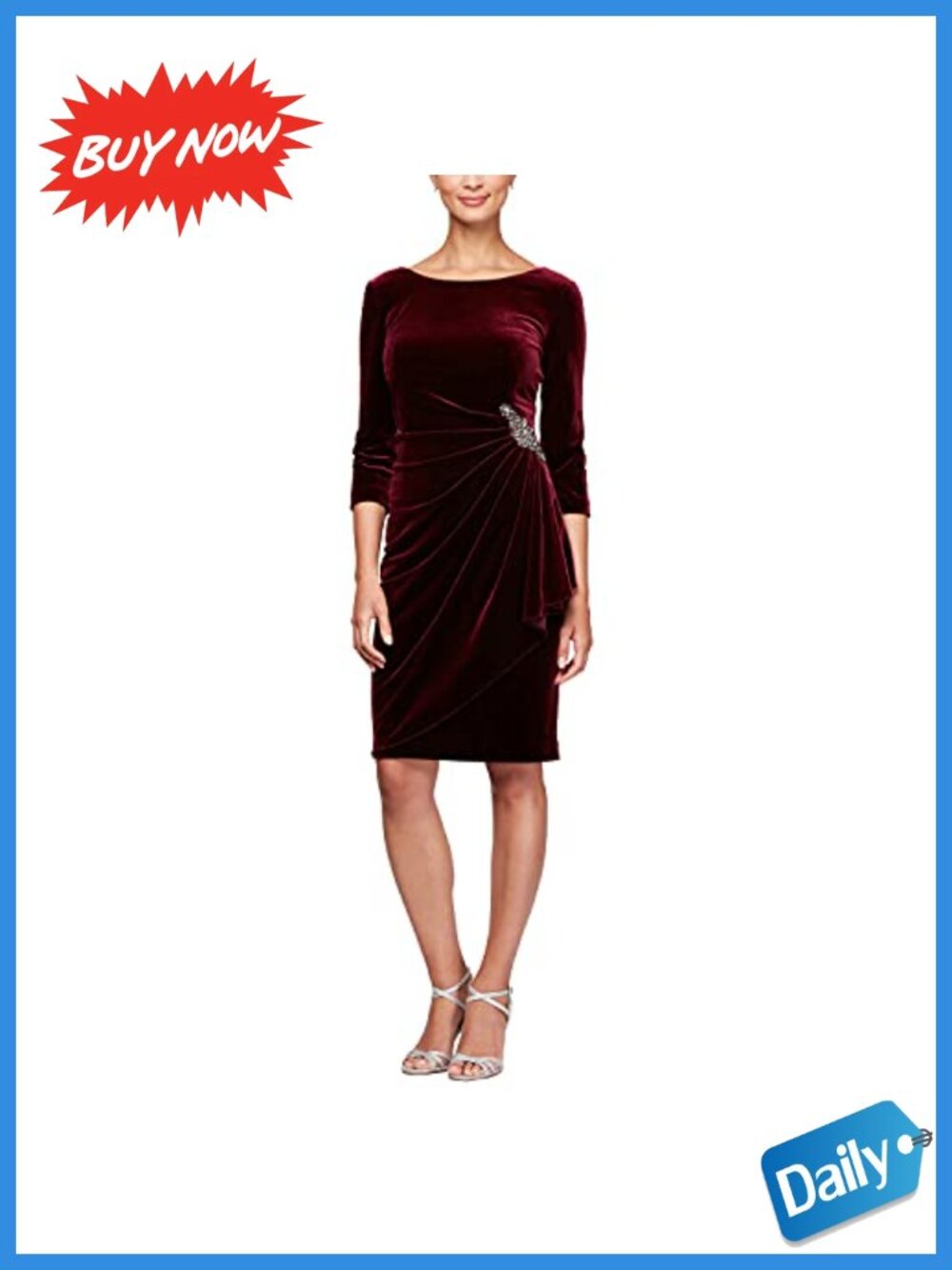 Velvet Cocktail Dress 3/4 Sleeve Beaded Ruffle Sheath Formal Evening